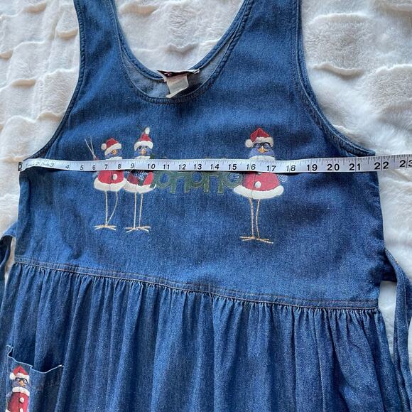 š„Vintage St. Joanne Jeans USA Made Denim Jumper Dress Santa Birds Pockets Sz L - Picture 8 of 9